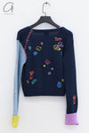 YANYAN KNITS V-neck embroidered colorblock knitted cardigan YYK-YYW23-124-LAN blue YYW23-1241